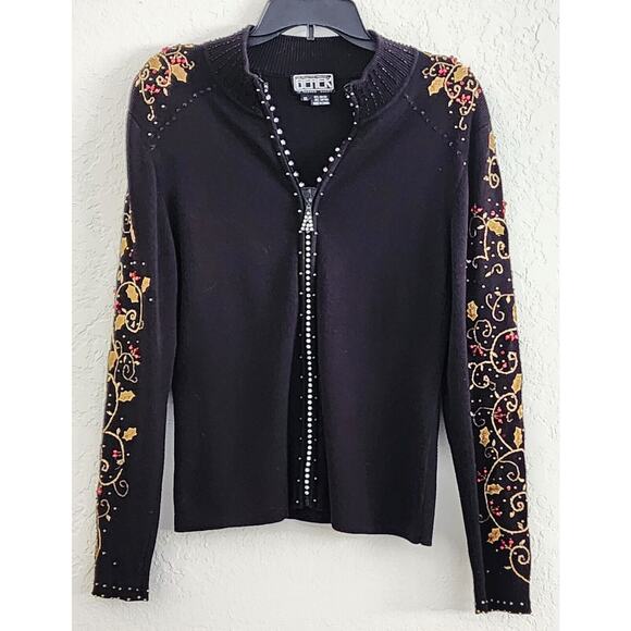 SWEATER JACKET & TANK-BEREK-Rhinestones-Appliques-Black-Gold-2 Piece-Size XL - Picture 3 of 15